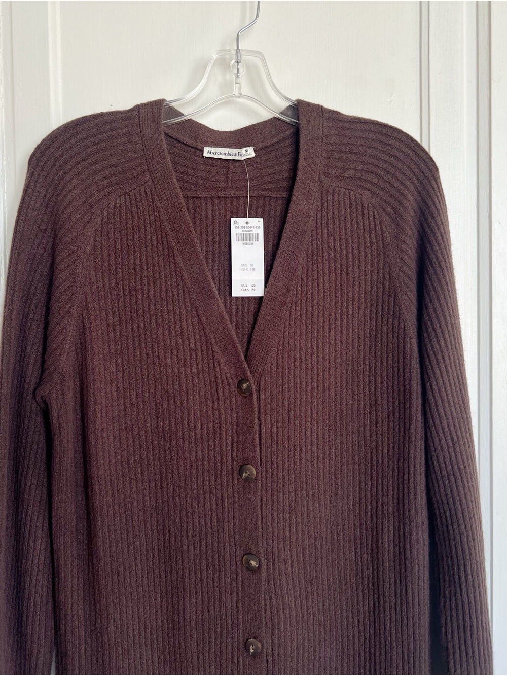 A&F • Duster Maxi Sweater Dress brown ribbed knit midi button front v-neck - Picture 4 of 10